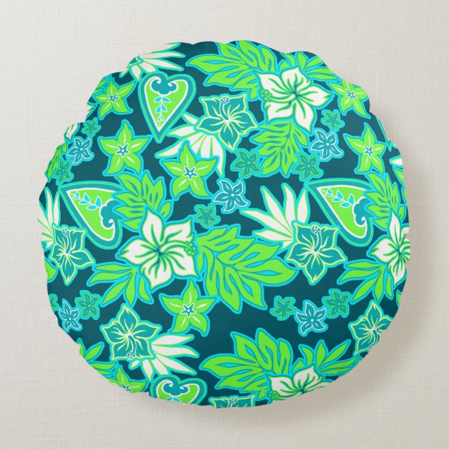Aloha Heart Hawaiian Hibiscus Tropical Round Cushion (Front)