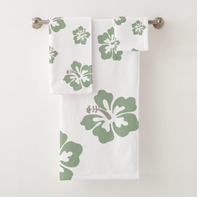Aloha hibiscus floral pattern white and sage green bath towel set (Insitu)