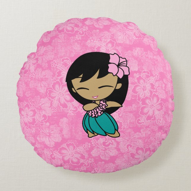 Aloha Honeys Pink Hula Girl Hawaiian Hibiscus Round Cushion (Front)