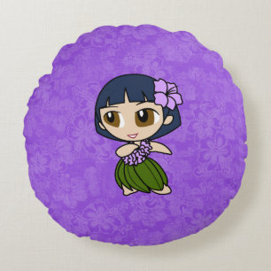 Aloha Honeys Purple Hula Girl Hawaiian Hibiscus Round Cushion