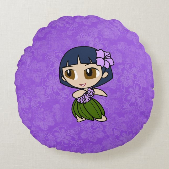 Aloha Honeys Purple Hula Girl Hawaiian Hibiscus Round Cushion (Front)