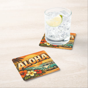 Aloha Island Vibes Sunset Scene Square Paper Coaster