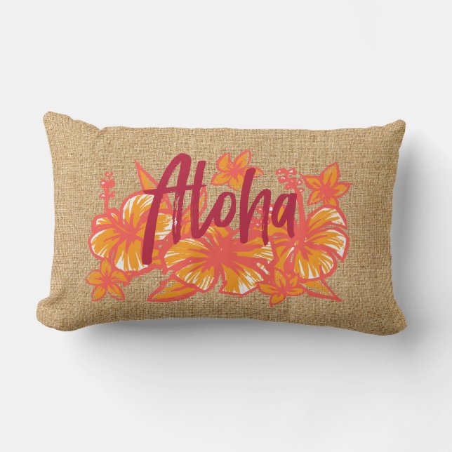 Aloha Kakahiaka Hawaiian Hibiscus Faux Grass Cloth Lumbar Cushion (Front)