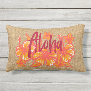 Aloha Kakahiaka Hawaiian Hibiscus Faux Grass Cloth Lumbar Cushion