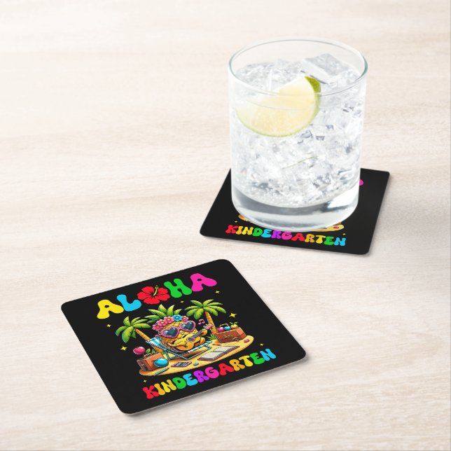 Aloha Kindergarten Pineapple Hawaii Back to School Square Paper Coaster (Insitu)