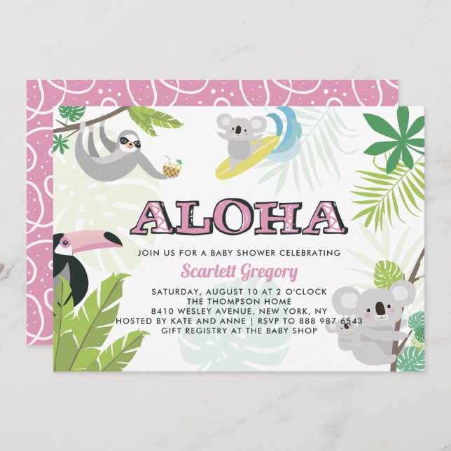Aloha Koala Tropical Pink Baby Shower Invitation (Front/Back)