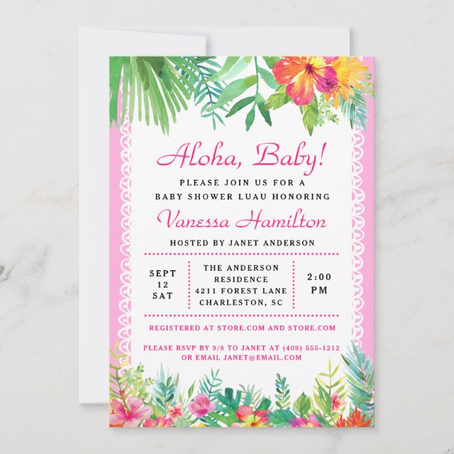 Aloha Luau Baby Shower Tropical Invitation Pink (Front)