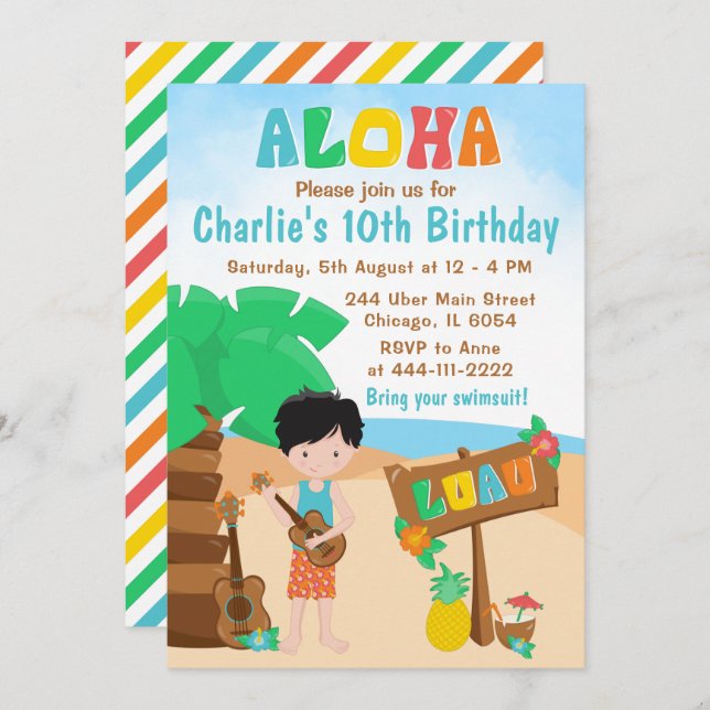 Aloha Luau Beach Birthday Black Hair Boy Invitatio Invitation (Front/Back)