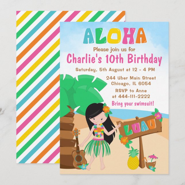 Aloha Luau Beach Birthday Black Hair Girl Invitati Invitation (Front/Back)
