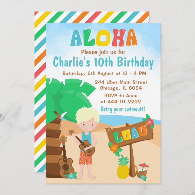 Aloha Luau Beach Birthday Blonde Hair Boy Invitati Invitation (Front/Back)