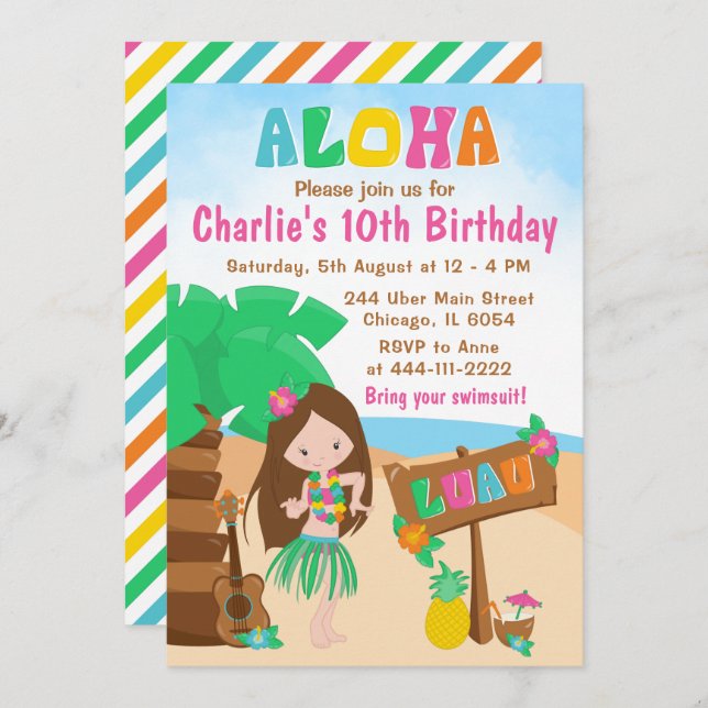Aloha Luau Beach Birthday Brown Hair Girl Invitati Invitation (Front/Back)