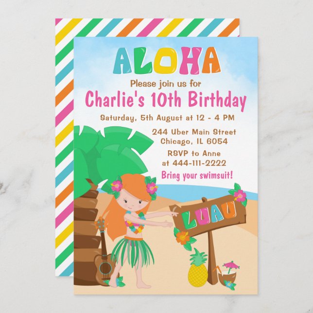 Aloha Luau Beach Birthday Red Hair Girl Invitation (Front/Back)
