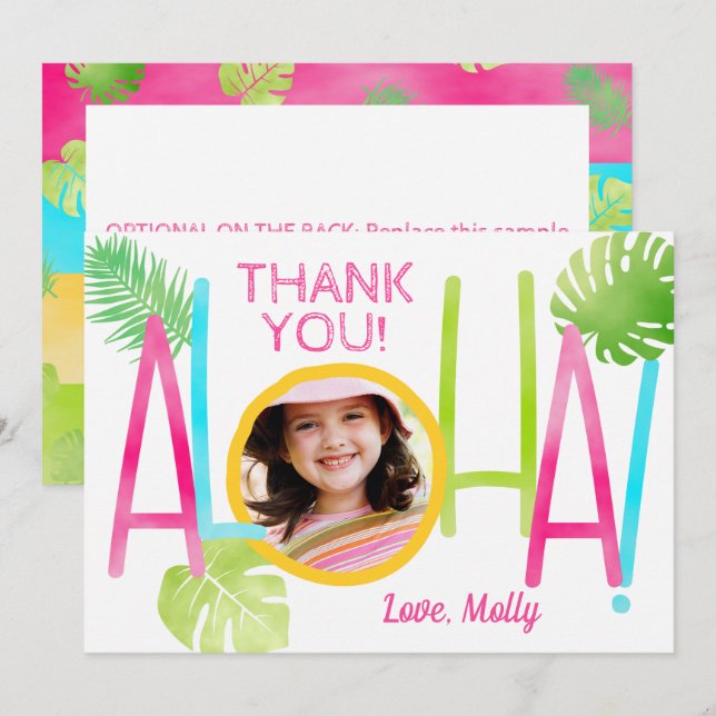 Aloha Luau Birthday Tropical Photo Thank You Card (Front/Back)