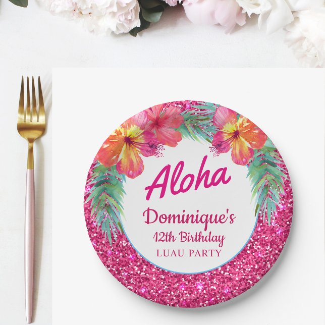 Aloha Luau Party Glitter Tropical Hibiscus Paper Plate (Creator Uploaded)