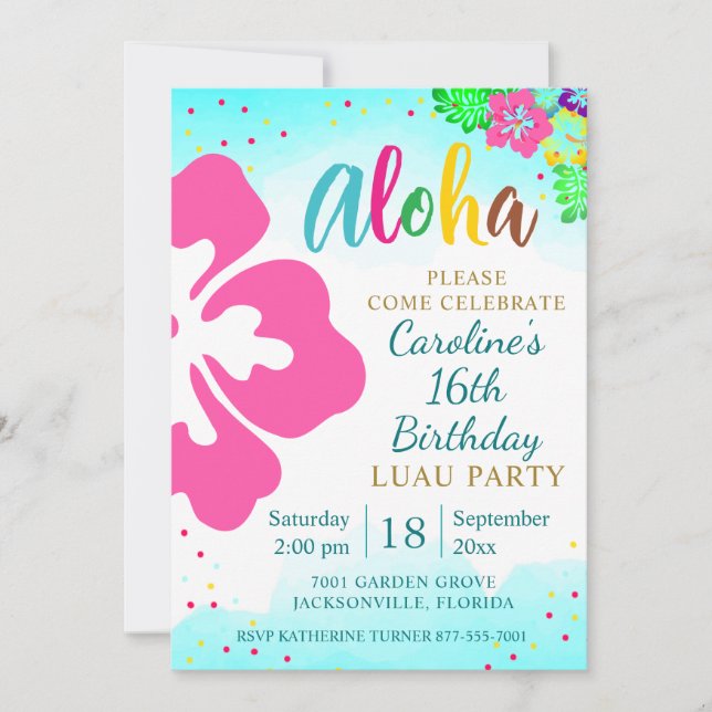 Aloha Luau Party Tropical Hibiscus Birthday Invitation (Front)