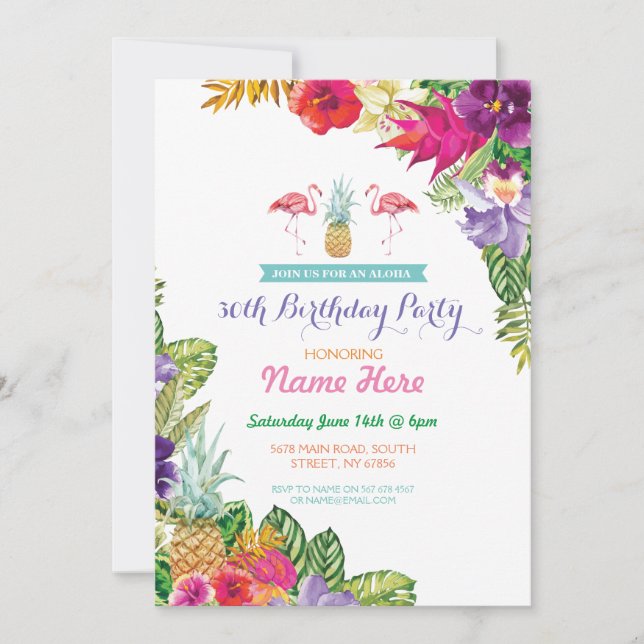 Aloha Luau Tropical Birthday Flamingo Party Invite (Front)