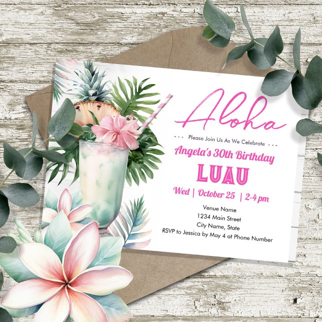 Aloha Luau Tropical Drink Adult Birthday Invitation (Creator Uploaded)