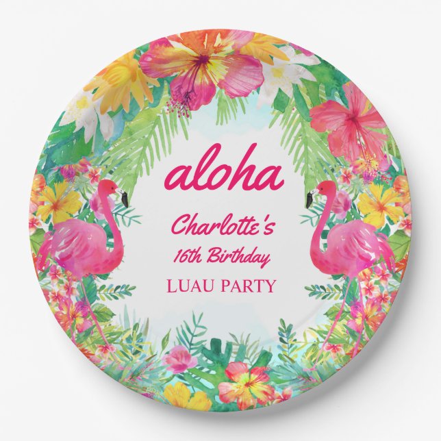 Aloha Luau Tropical Flamingo Birthday Party Paper Plate (Front)
