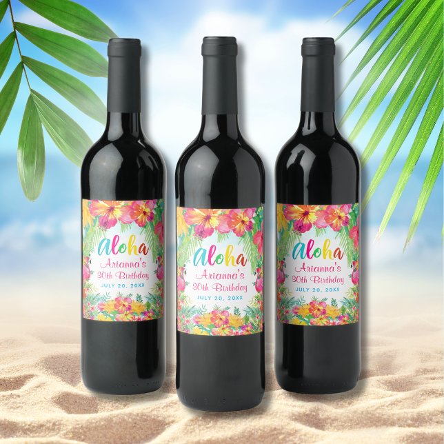 Aloha Luau Tropical Flamingo Birthday Wine Label (Creator Uploaded)