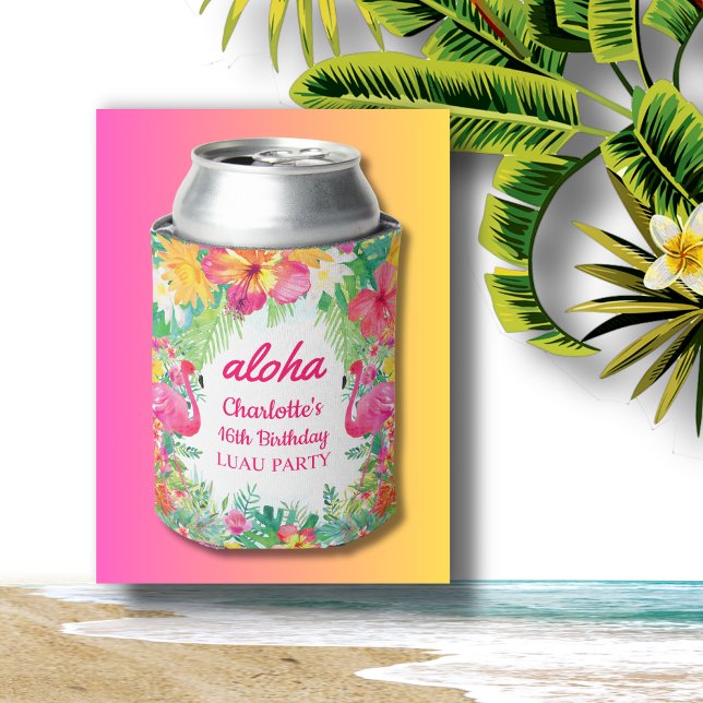 Aloha Luau Tropical Flamingo Floral Birthday Party Can Cooler (Creator Uploaded)