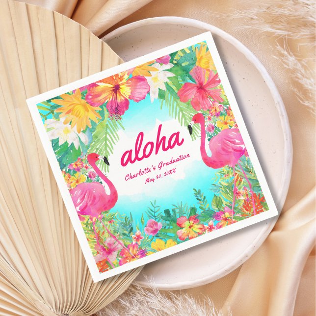 Aloha Luau Tropical Flamingo Graduation Paper Napkin (Creator Uploaded)