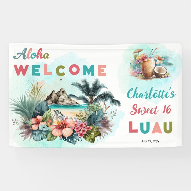 Aloha Luau Tropical Island Beach Sweet 16 Party Banner (Horizontal)
