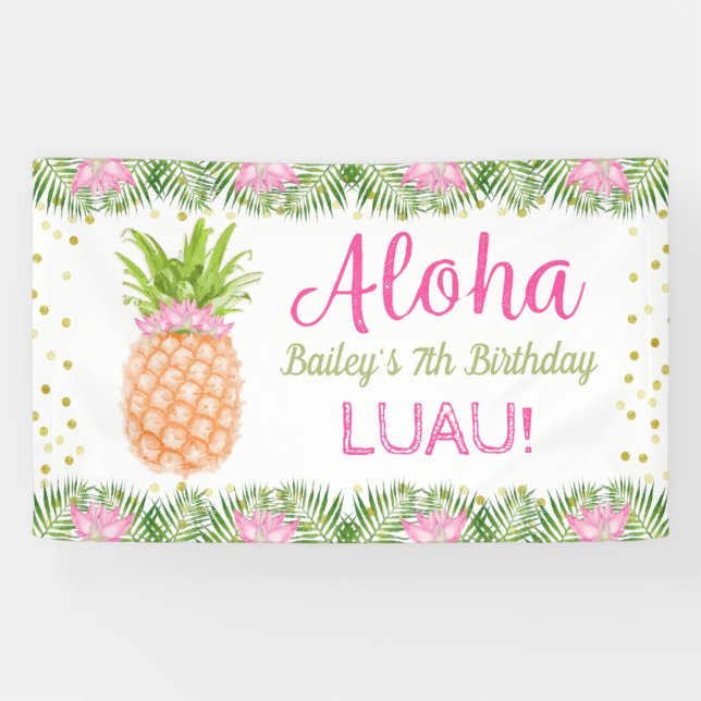 Aloha Luau Tropical Pineapple Pink Gold Birthday Banner (Horizontal)