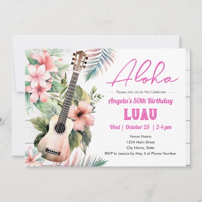 Aloha Luau ukulele 50th Birthday Invitation (Front)