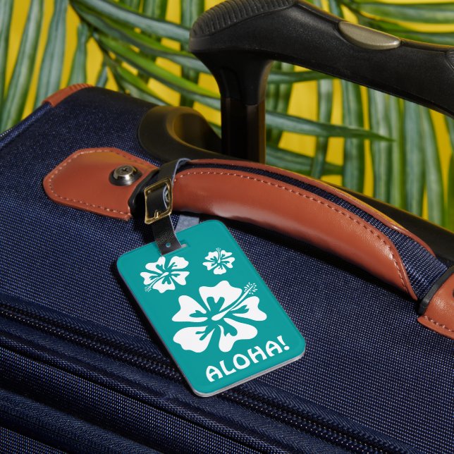 Aloha luggage tag with Hawaiian Hibiscus flowers (Front Insitu 1)