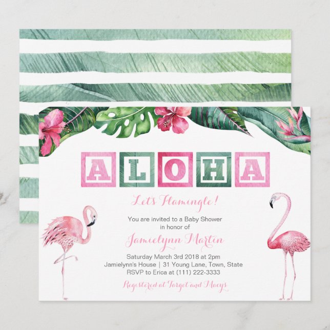 Aloha Lush Tropical Foliage Flamingos Baby Shower Invitation (Front/Back)
