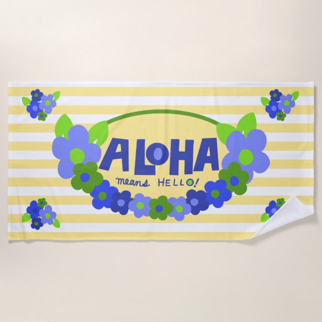 Aloha Means Hello Hawaiian Floral - Yellow Beach Towel (Front)