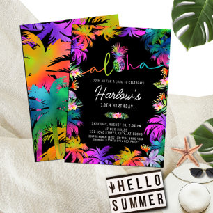 Aloha Neon Tropical Luau Summer Fun Birthday Invitation