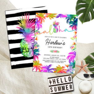 Aloha Neon Tropical Luau Summer Fun Birthday Invitation