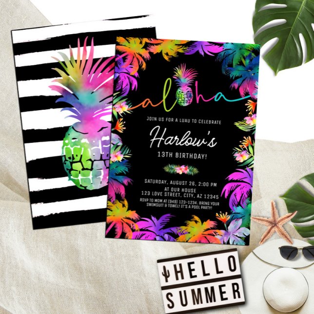 Aloha Neon Tropical Luau Summer Fun Birthday Invitation (Creator Uploaded)