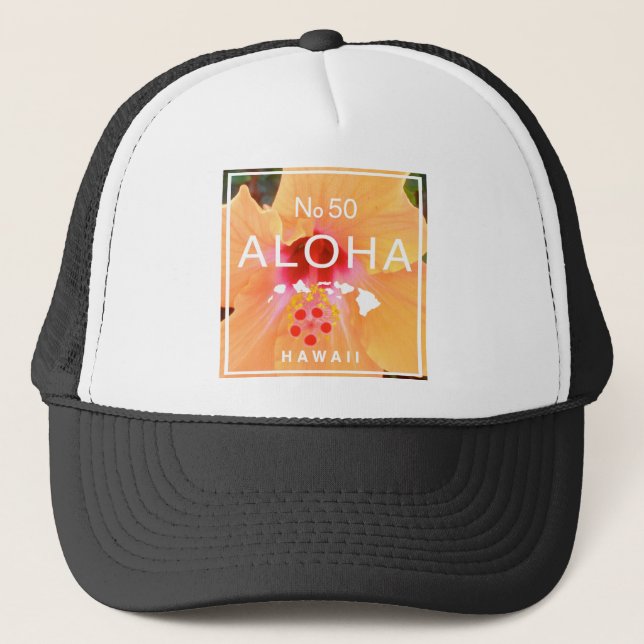 Aloha No 50 Orange Hibiscus Trucker Hat (Front)