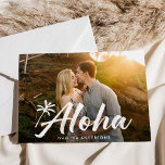 Aloha Palm Tree Photo Holiday Card<br><div class="desc">Modern, tropical holiday card displaying your full-bleed horizontal photo on the front with "Aloha" in a white hand-lettered script complimented by a hand-drawn palm tree. Personalise the front of the Aloha holiday card by adding your name. The card reverses to feature white ocean waves against a light grey blue background....</div>