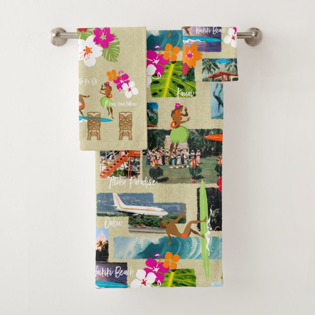 Aloha Paradise Hawaiian Vintage Postcard Bath Towel Set (Insitu)