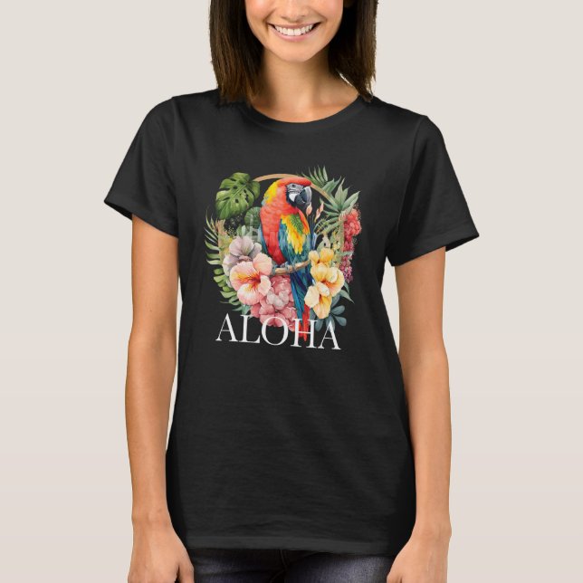 Aloha Parrot Tropical Bird Vacation Beach Flower H T-Shirt (Front)