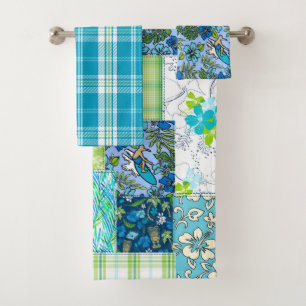 Aloha Patchwork Hawaiian Tropical Prints - Teal Bath Towel Set