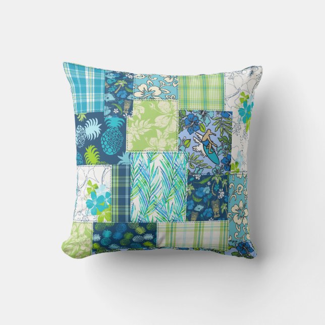 Aloha Patchwork Hawaiian Tropical Prints - Teal Cushion (Front)