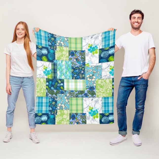 Aloha Patchwork Hawaiian Tropical Prints- Teal Fleece Blanket (In Situ)