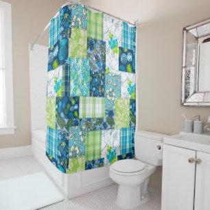 Aloha Patchwork Hawaiian Tropical Prints - Teal Shower Curtain