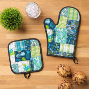 Aloha Patchwork Hawaiian Tropical Prints Turquoise Oven Mitt & Pot Holder Set