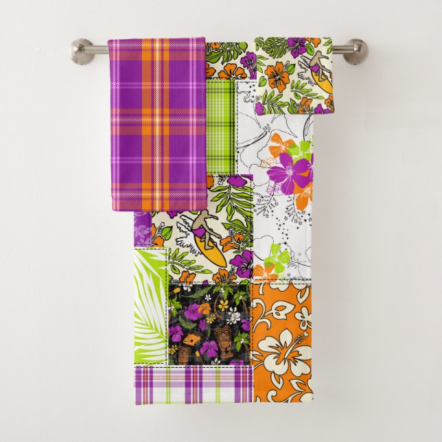 Aloha Patchwork Hawaiian Tropical Prints - Violet Bath Towel Set (Insitu)