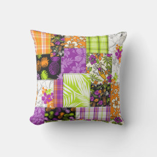 Aloha Patchwork Hawaiian Tropical Prints - Violet Cushion