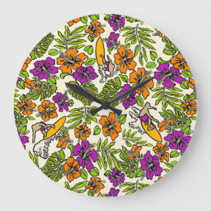 Aloha Patchwork Hawaiian Tropical Prints- Violet Large Clock