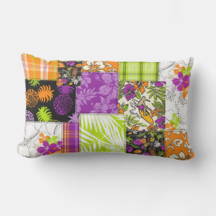Aloha Patchwork Hawaiian Tropical Prints - Violet Lumbar Cushion