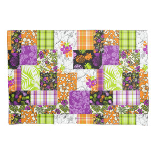 Aloha Patchwork Hawaiian Tropical Prints - Violet Pillowcase