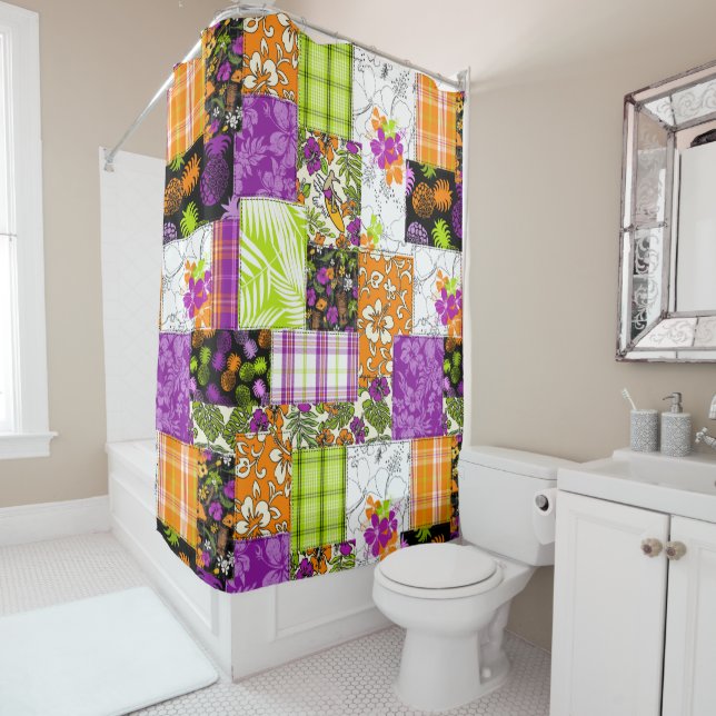 Aloha Patchwork Hawaiian Tropical Prints - Violet Shower Curtain (In Situ)