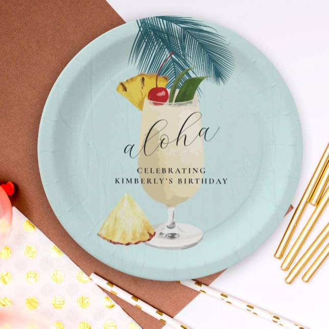 Aloha Pina Colada Green Cocktail Birthday Party  Paper Plate (Creator Uploaded)